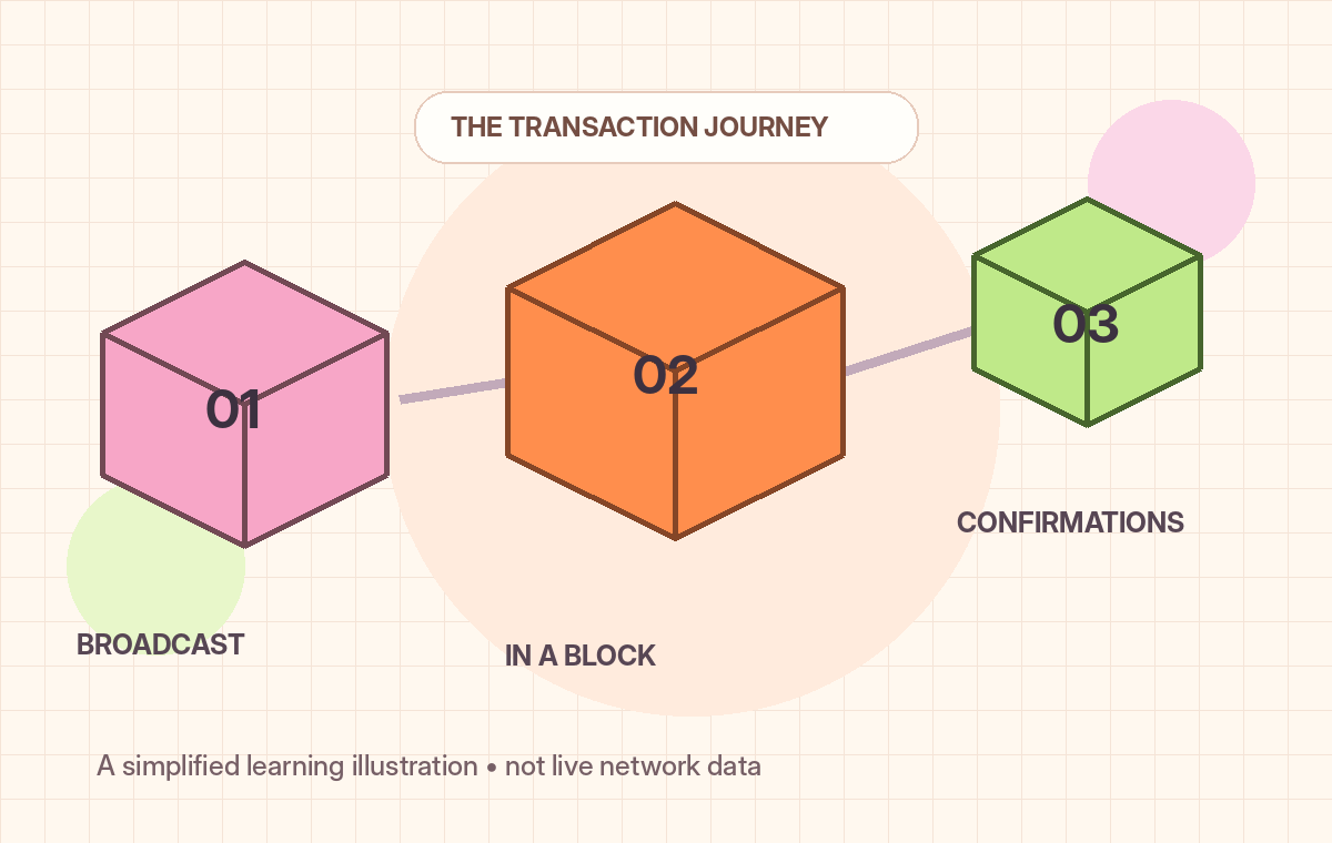 Three connected blocks illustrate a transaction being broadcast, included in a block, and gaining confirmation depth. This is not live data.
